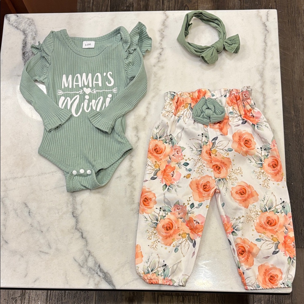 Green Baby Bodysuit and Floral Pants Set
